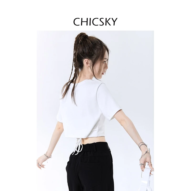 CHICSKY原创短袖t恤女夏季设计感黑色不规则露脐绑带圆领短款上衣