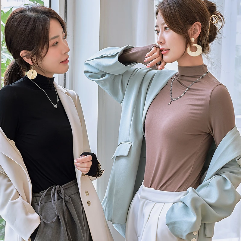 水磨绒2.0长袖半高领内里薄绒女 秋冬打底衫修身内搭上衣 NY7019