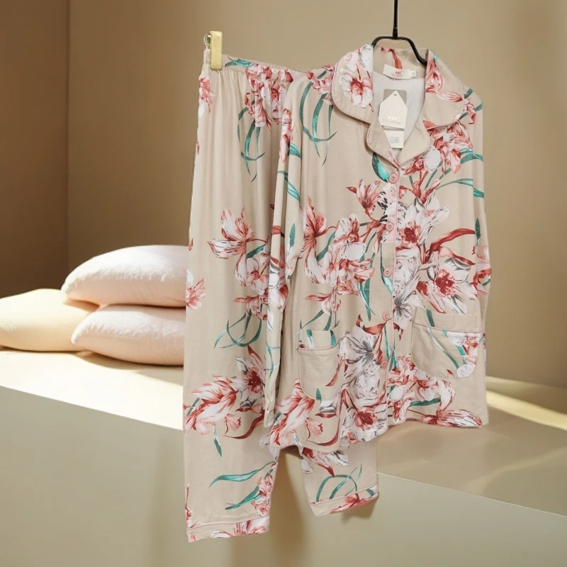 【套装】长袖长裤睡衣女士秋季开衫舒适印花家居服两件套JL05