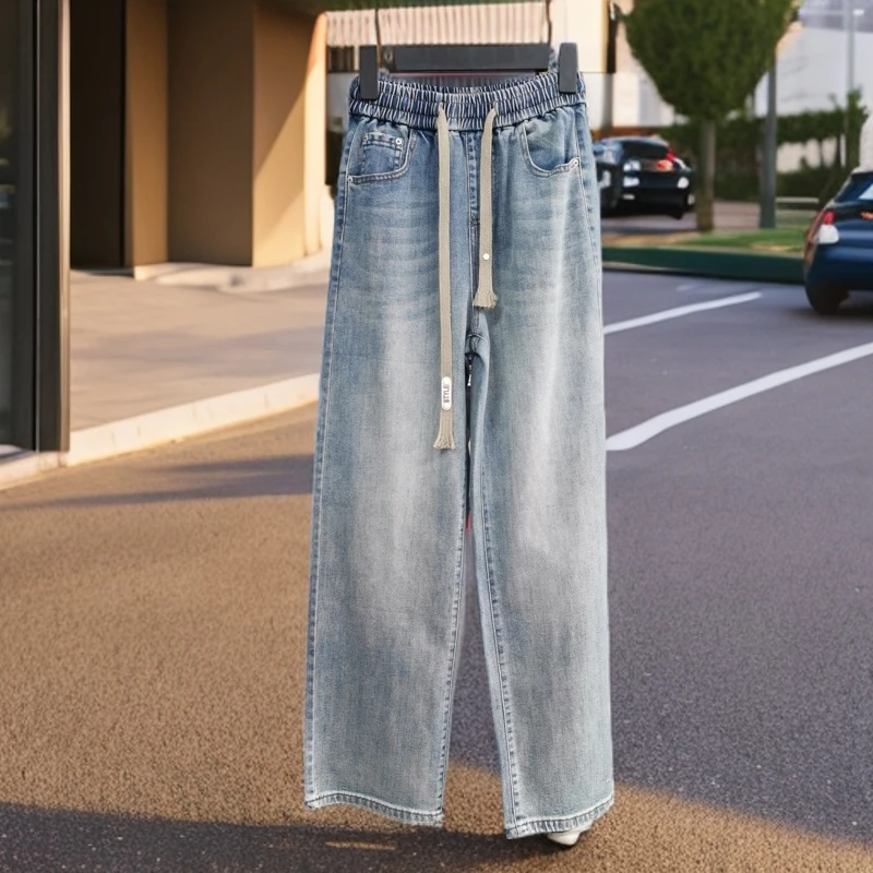 抽绳松紧腰直筒牛仔裤复古休闲百搭宽松显高显瘦阔腿裤KZ520