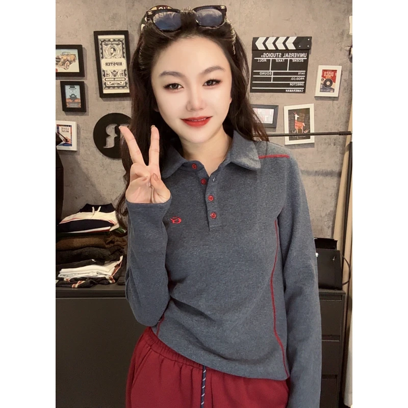 秋冬新款双面绒长袖刺绣翻领T恤POLO衫洋气显瘦气质减龄百搭上衣