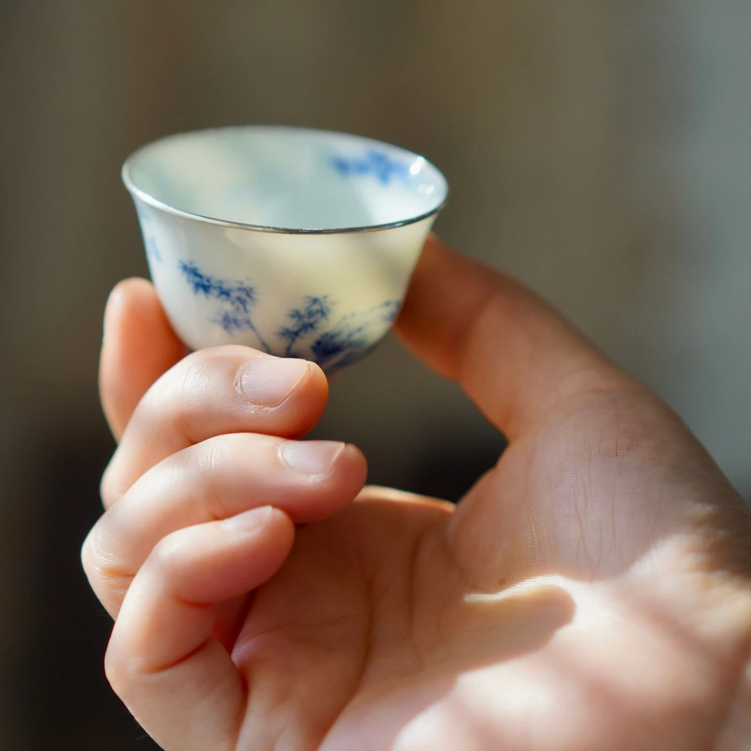 青花包银杯  松竹梅盖碗 全手工