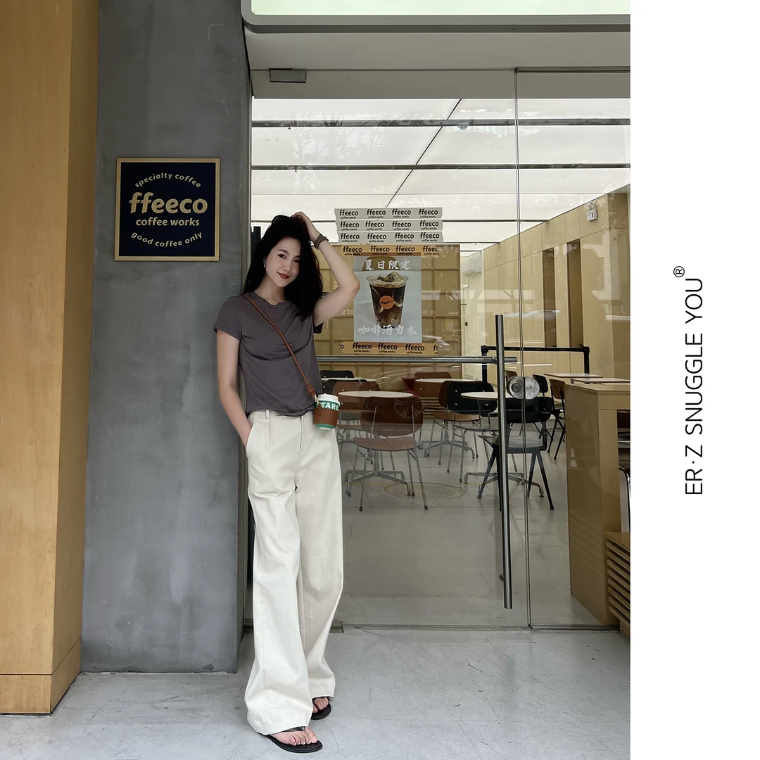 ERZ墨小墨|白色休闲裤子白牛直筒裤白色牛仔裤宽松阔腿裤M3AK019