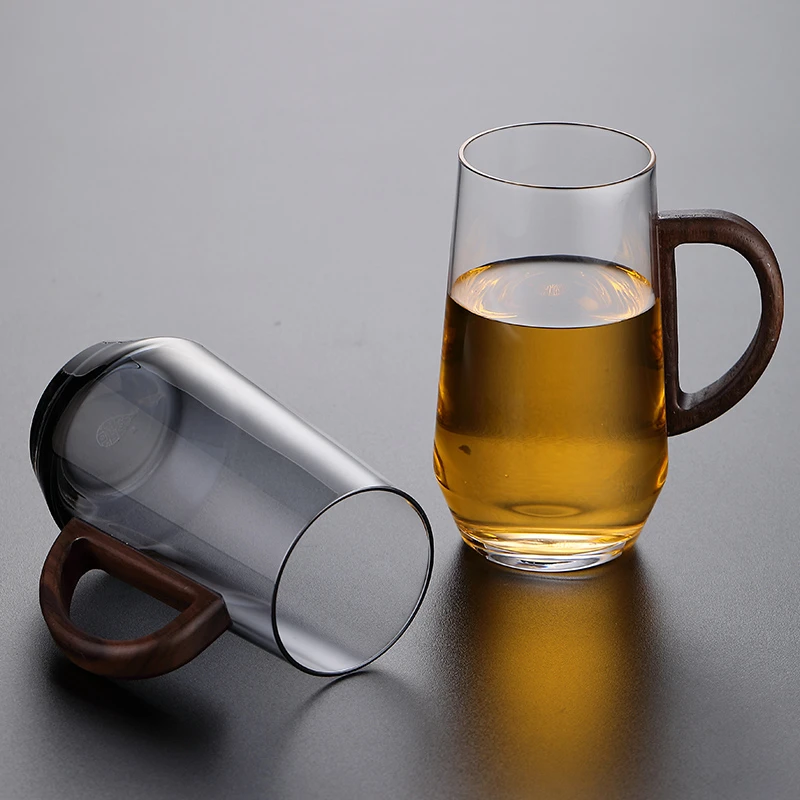 玻璃杯绿茶杯日式泡茶杯带把手喝茶杯耐高温办公室喝水防烫木把杯