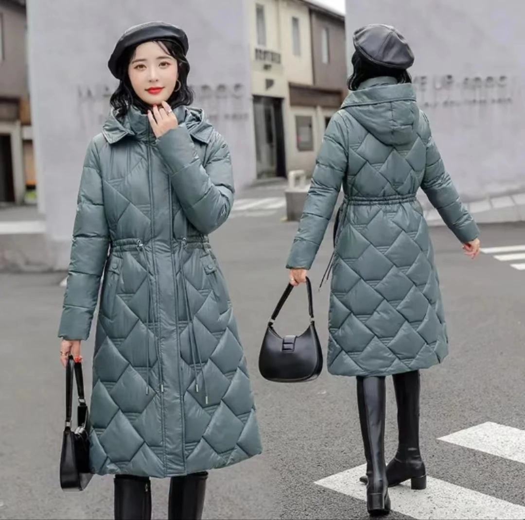 2208女款大码棉服中长款修身时尚显瘦收腰秋冬连帽过膝保暖外套
