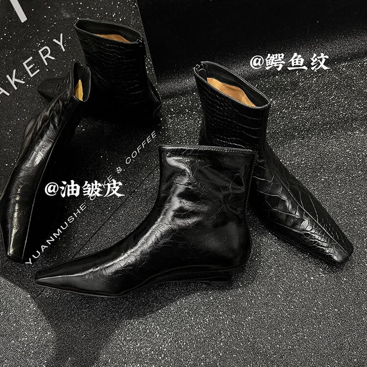 短筒靴子瘦秋冬街头粗跟坡跟时装鞋方头鳄鱼纹英伦风时尚百搭网红