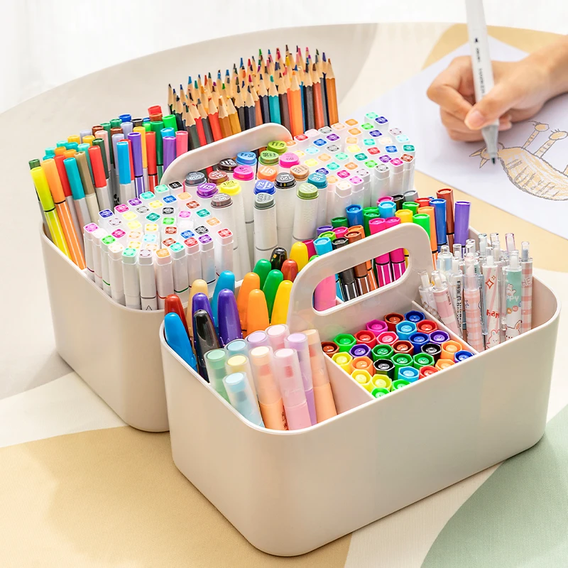 马克笔收纳盒手提大容量儿童学生书桌水彩铅笔文具画笔多功能笔筒