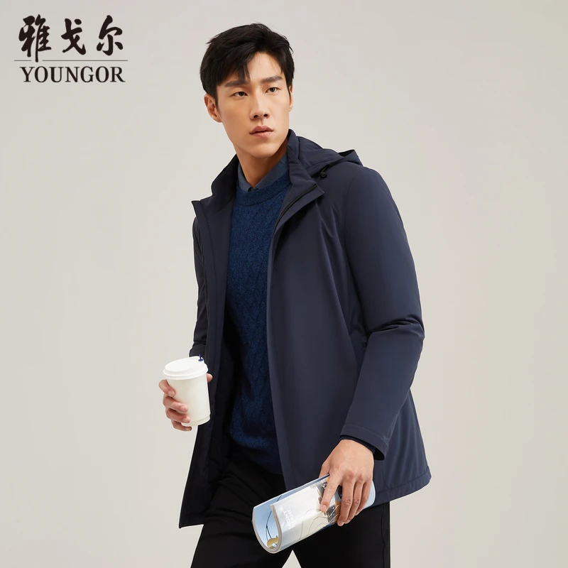 【锦氨混纺棉服】雅戈尔茄克男士秋冬立领带帽棉风衣中长款439980