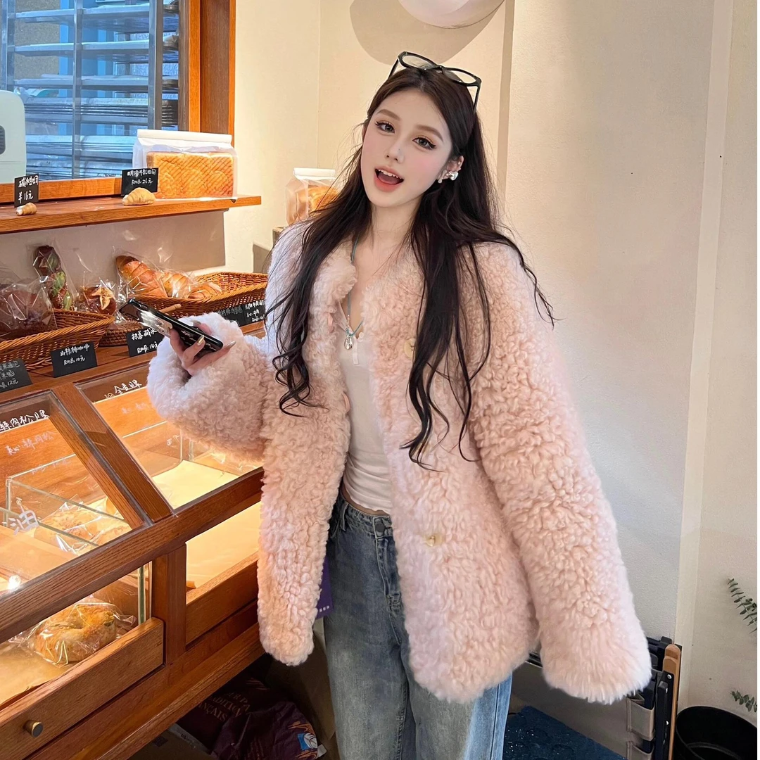 2025秋季新款韩系小香风羊羔绒粉色外套女百搭松弛感百搭百搭上衣