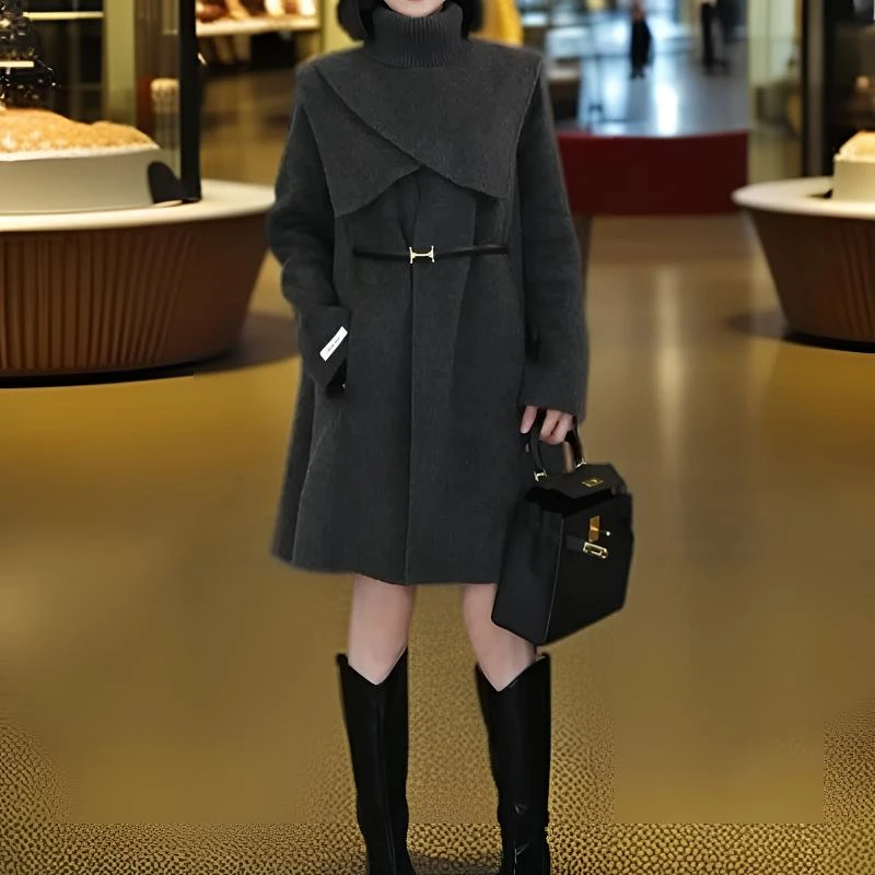 高端毛呢围脖外套大衣气质显瘦时髦女中长款韩版秋冬洋气百搭