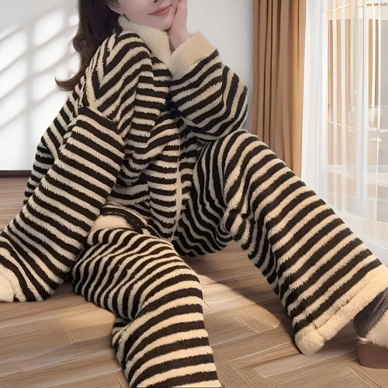 冬装上新韩版时尚简约风条纹冬季睡衣家居服套装