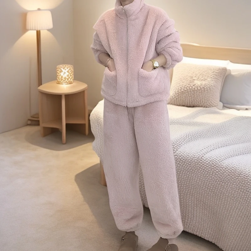 秋冬新款双面北极绒加厚绒保暖睡衣秋冬季家居服女舒适女士冬款