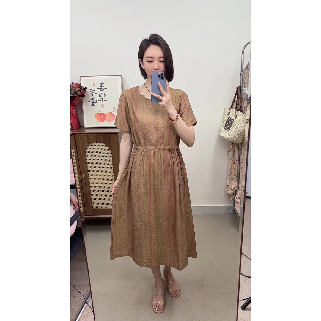 10035#夏季冰凉气质长款简约时尚大摆连衣裙2023新款显瘦收腰洋气