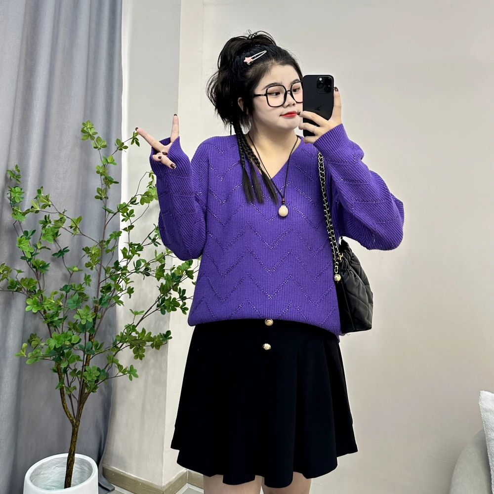 【孟孟推荐】胖妹妹大码女装新款拼接亮钻V领遮肚子显瘦纯色针织衫