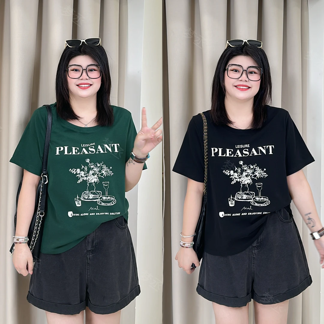 【西部世界】大码女装休闲百搭显瘦遮肉宽松简约印花T恤上衣女