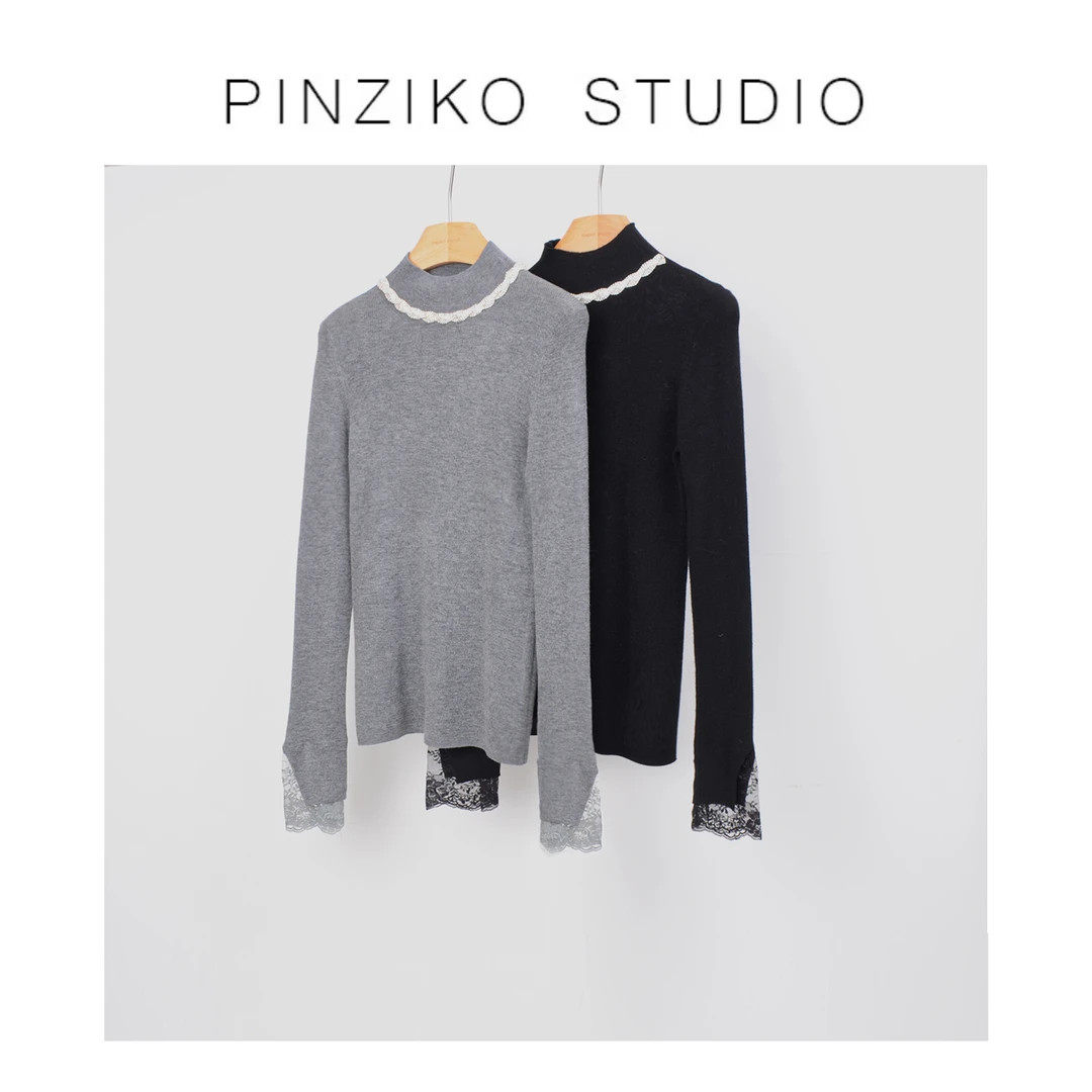 【PINZIKO】钻领针织衫~百搭绵羊毛袖口蕾丝秋冬内搭打底衫TJE364