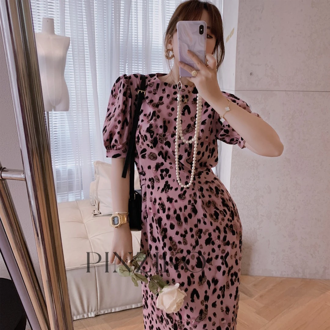 【PINZIKO】豹纹~时尚夏季百搭超显瘦连衣裙气质长裙法式女TJC185