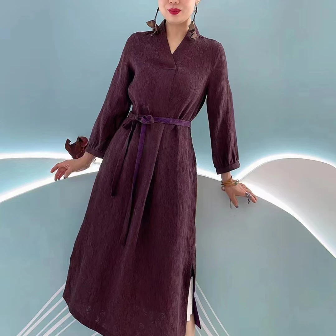 【杭州丝绸】老料香云纱双面穿冠乐皱花萝100桑蚕丝气质V领连衣裙