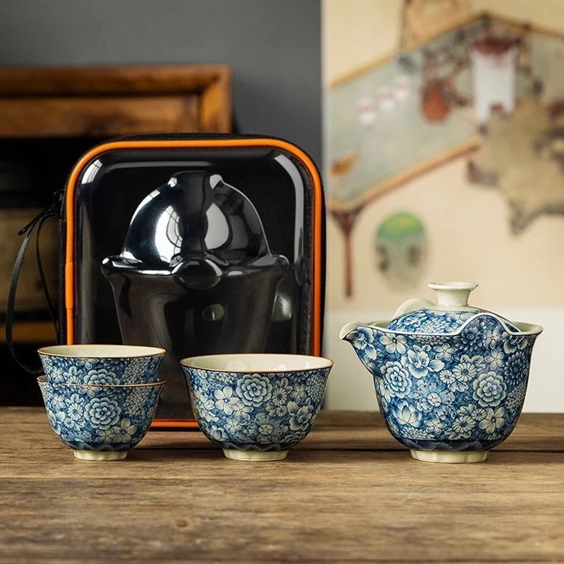 老陶泥青花旅行茶具套装便携式快客杯随身包一壶三杯杯户外泡茶