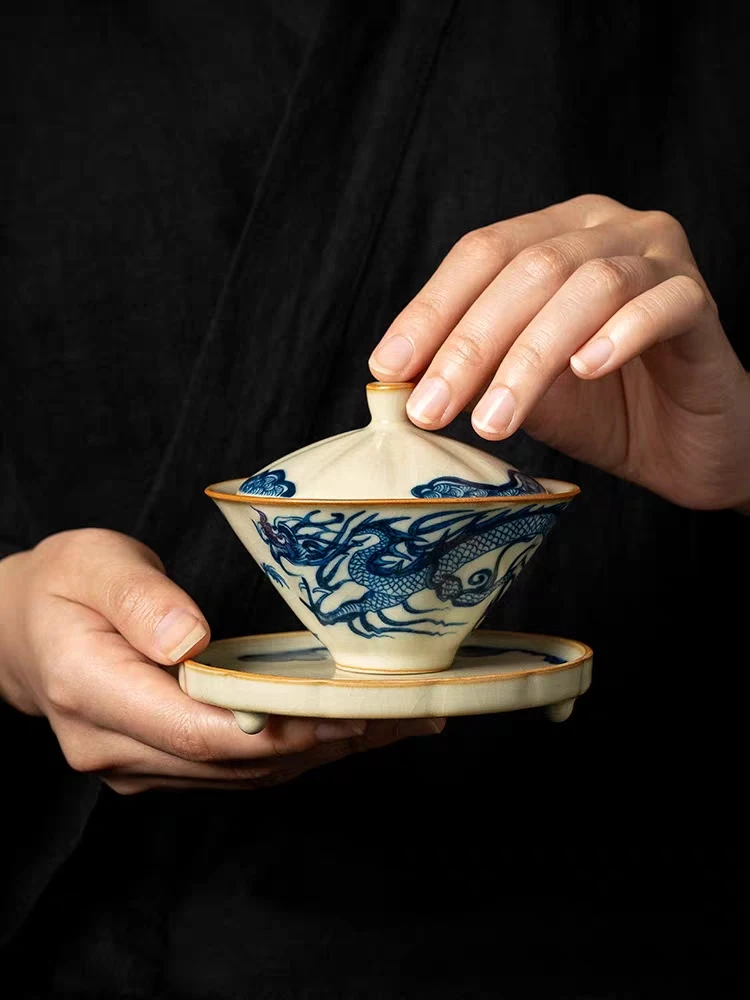 汝窑元青花斗笠三才盖碗茶杯单个高档陶瓷功夫茶具泡茶杯高端复古