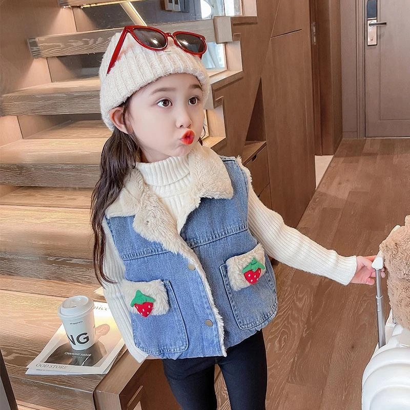 女童马甲秋冬牛仔加绒小女孩2023新款洋气时髦女宝宝坎肩秋季背心