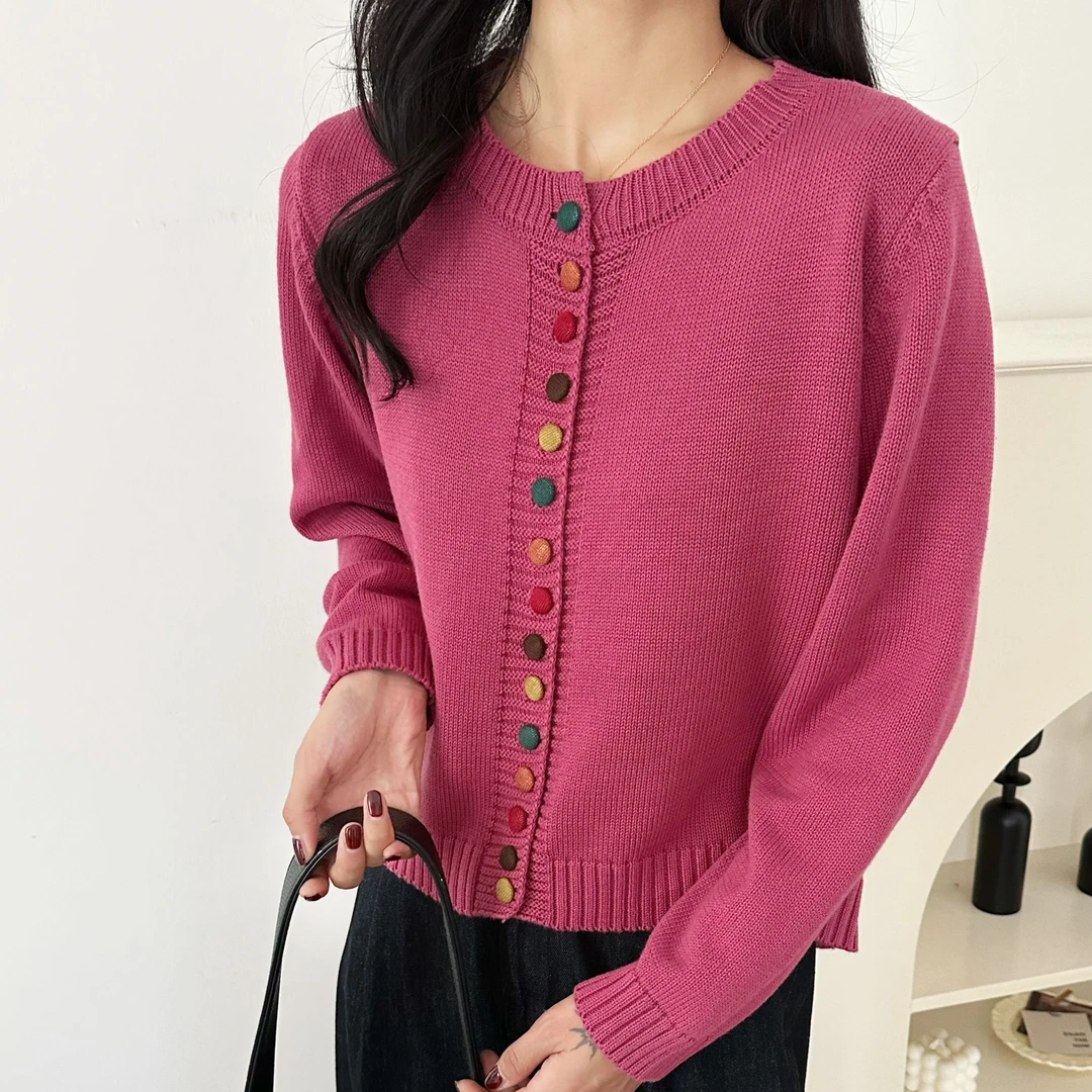 【正品现货】棉线复古手工彩色扣针织开衫女士新款宽松长袖外套
