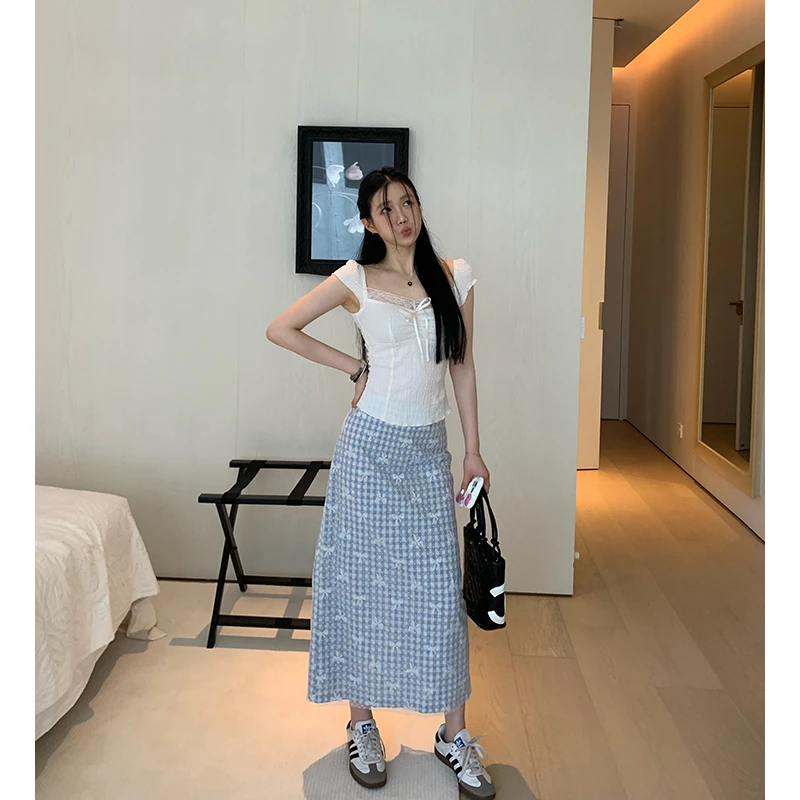 王少女的店【清清】蓝色蕾丝直筒显瘦半身裙蝴蝶提花裙子 B21199S42