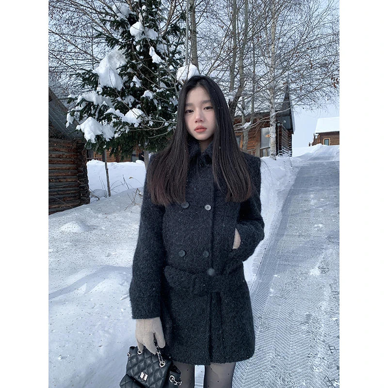 YOKALSS少女家 黑色保暖翻领单面呢外套千金风上衣N28076S44