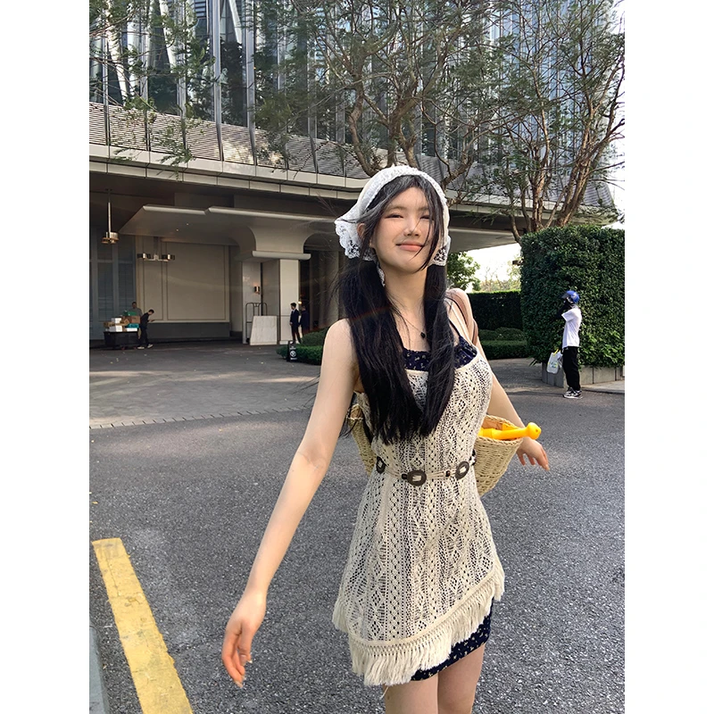 王少女YOKLASS【清清】杏色修身碎花挂脖钩花裙 L18387S42