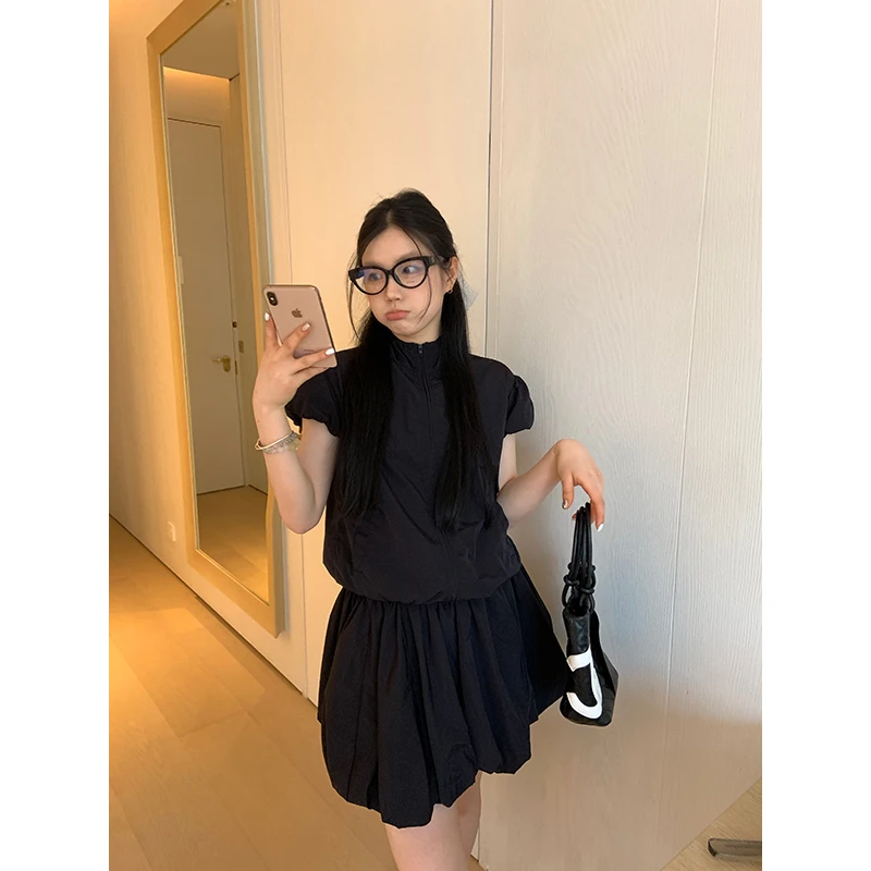 YOKALSS少女家 【清清】黑色宽松显瘦开衫外套半身裙套装 W19959S42