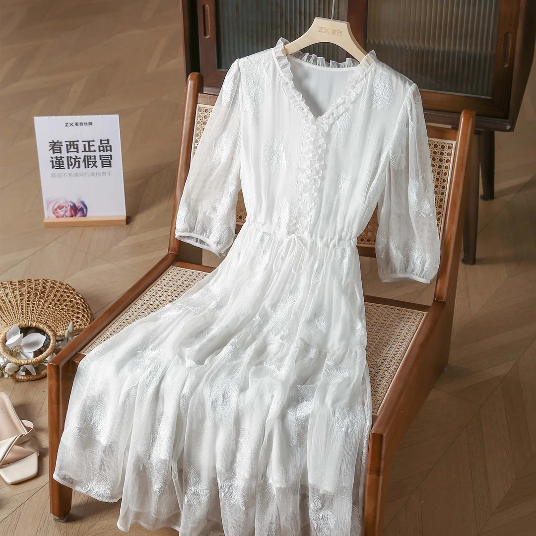 ZHUOXI/着西【新】~冰雪女王~桑蚕丝刺绣短袖连衣裙收腰夏季2Q252