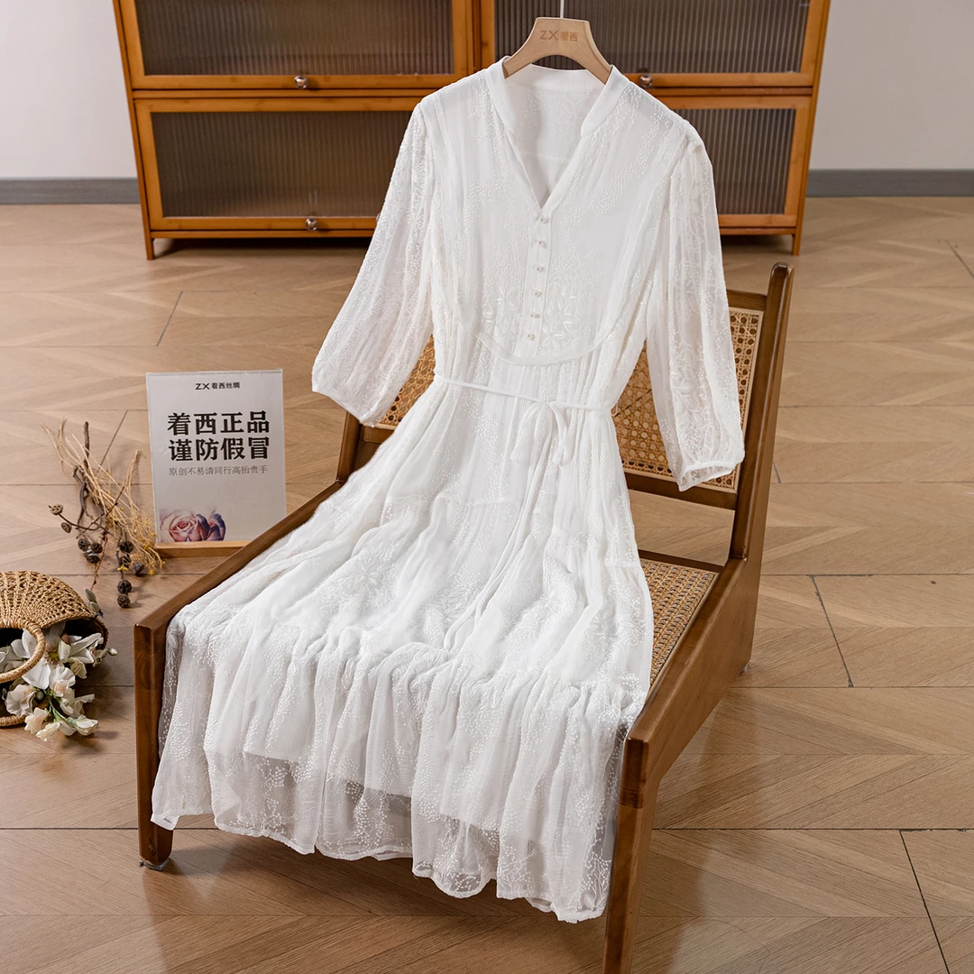 ZHUOXI/着西桑蚕丝刺绣白色短袖连衣裙收腰夏季2Q286