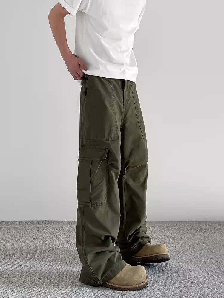 艺尚潮流美式复古口袋军绿色工装裤男女潮宽松直筒显瘦高街长裤子
