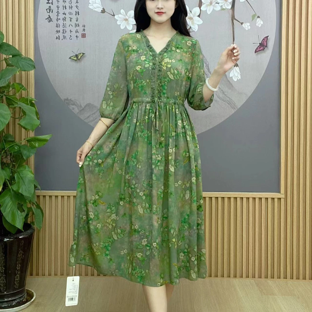 【绿野仙踪】春夏季中式收腰时尚中长款气质短袖连衣裙A330