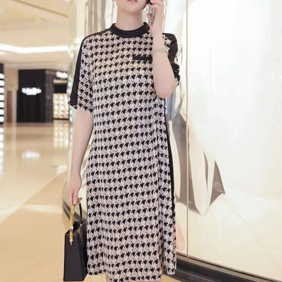【经典千鸟格】2023春季新款时尚宽松圆领千鸟格气质款连衣裙A605