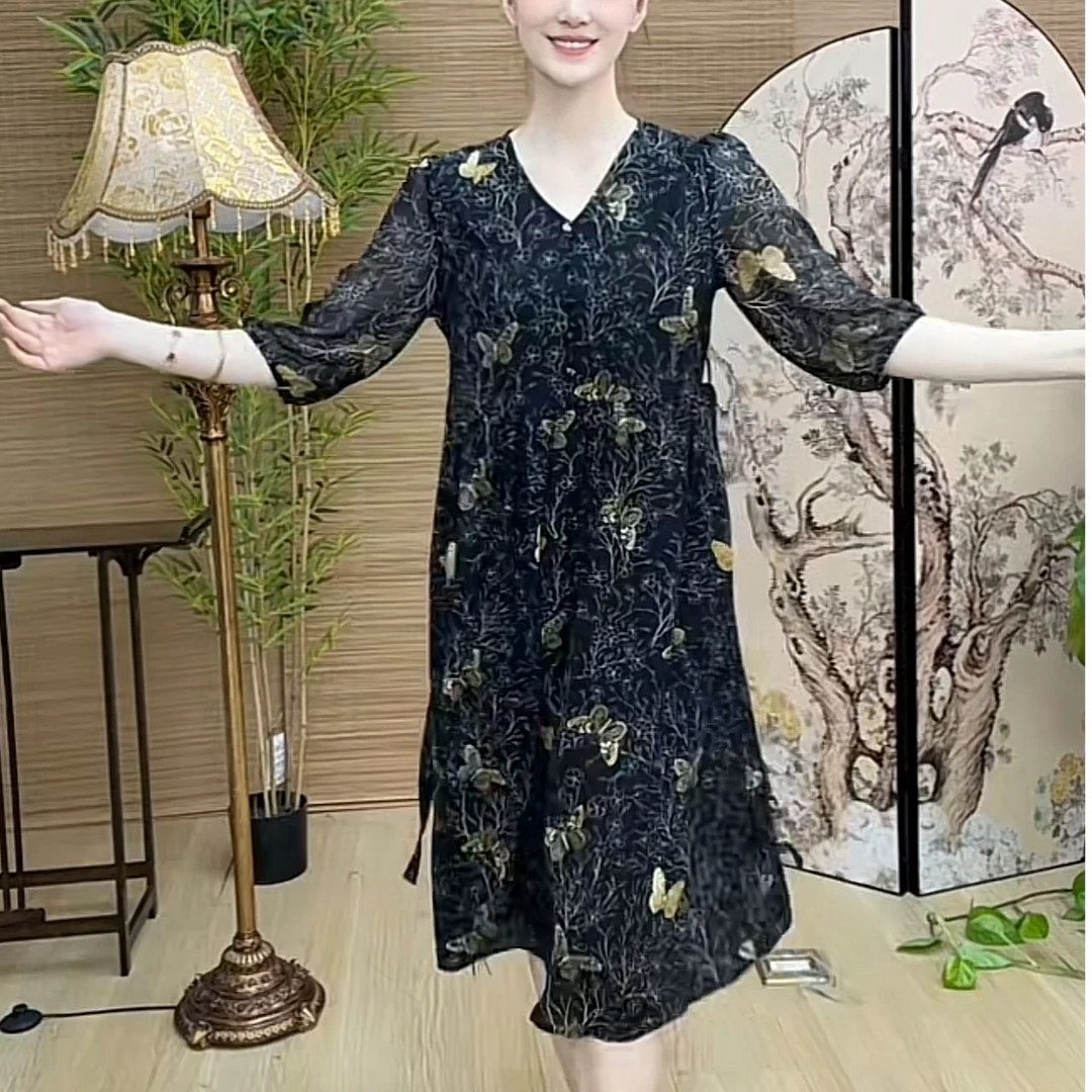 【蝴蝶】春夏季中式蝴蝶收腰时尚中长款气质中袖连衣710-5