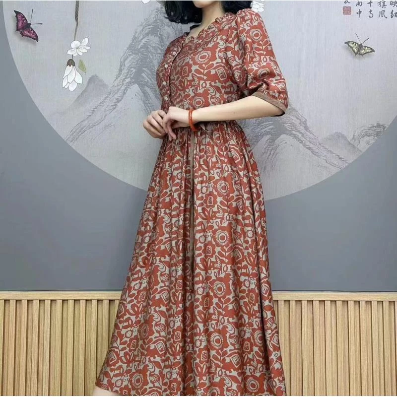 无品牌2024年新款上新夏季时尚中年妈妈连衣裙百搭中长裙A196-1