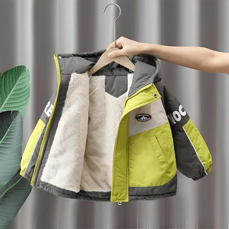 男童冬季棉衣2025新款儿童加绒加厚拼色棉袄宝宝冬款连帽棉服外套