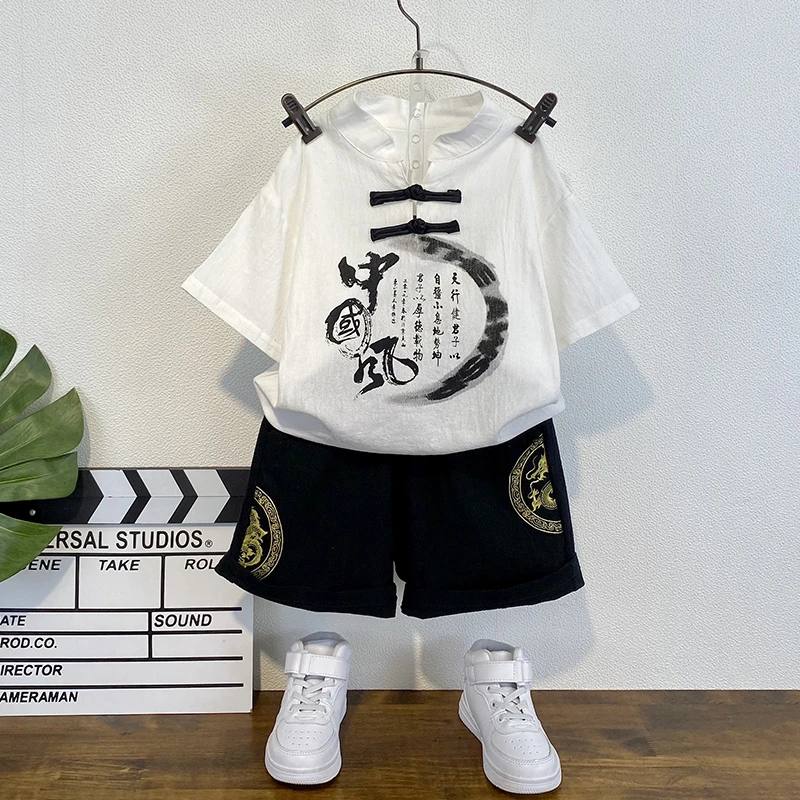 男童夏季唐装套装新中式宝宝短袖棉麻衣服两件套网红小儿童中国风