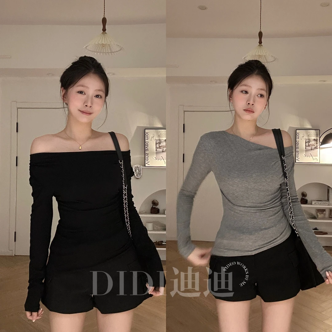 妙前【迪迪】一衣两穿！一字肩/斜肩设计感修身显瘦小众露肩长袖辣妹