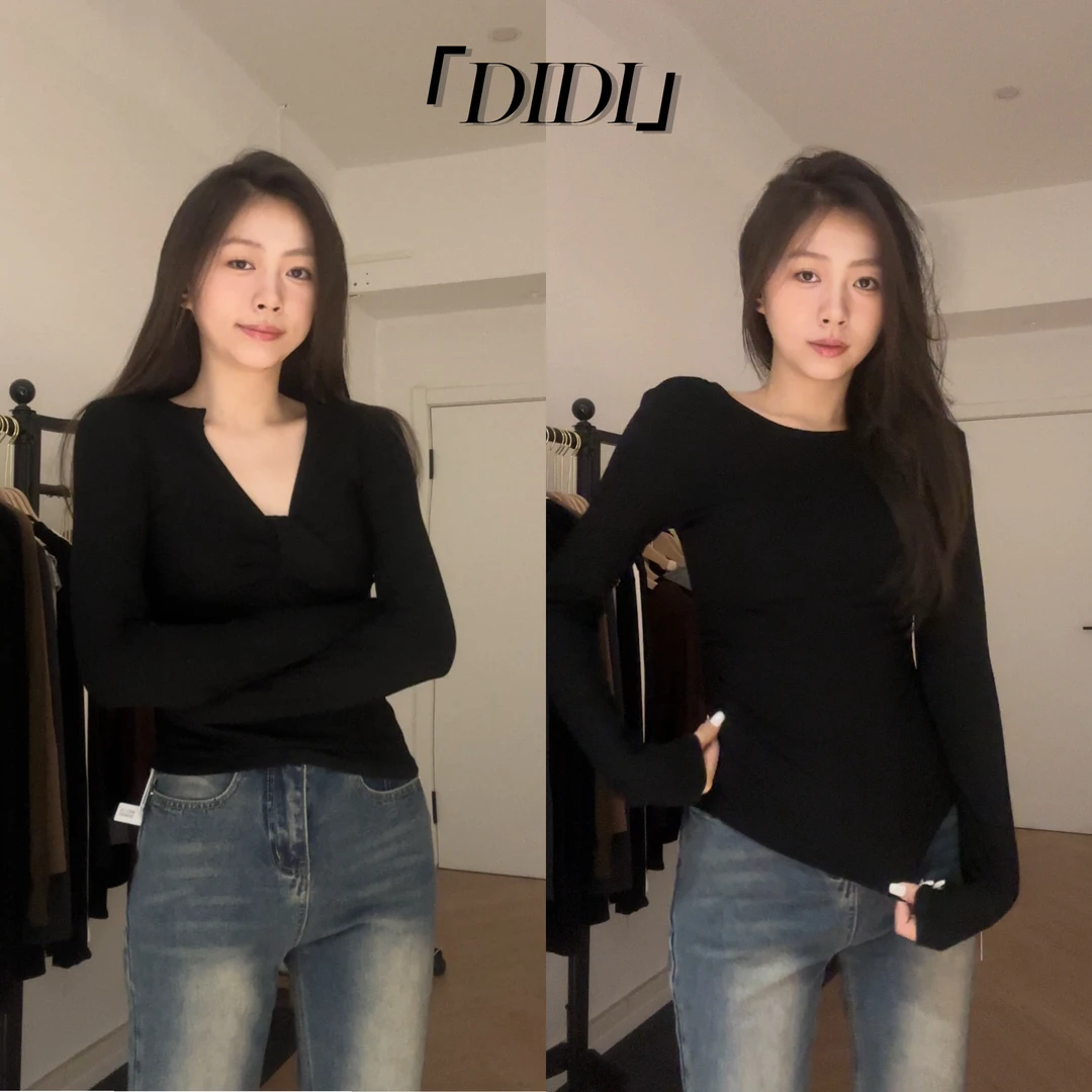 妙前【迪迪】正反两穿！！直角肩辣妹法式女秋黑色气质显瘦长袖上衣