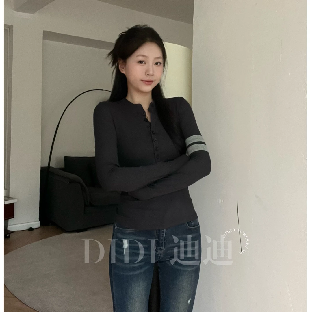 妙前【迪迪】撞色条纹V领长袖T恤女秋冬韩版显瘦内搭打底衫上衣