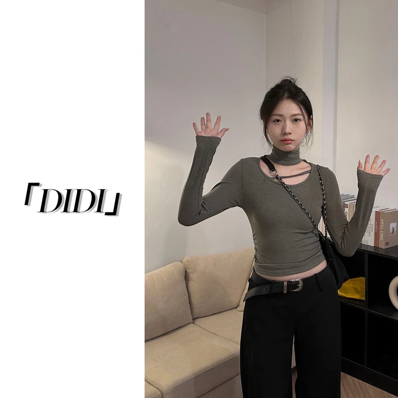妙前【迪迪】设计感辣妹修身针织显瘦短款纯欲长袖套头上衣