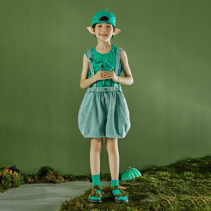 小日着童装原创【种子说】夏季宽松纯棉背带五分牛仔短裤子TC2156A0