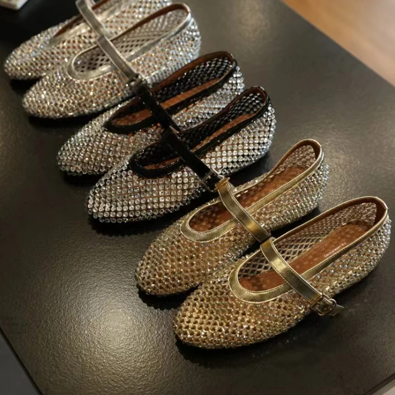 4cm内增高单鞋夏季新款水钻网孔小个子平底镂空浅口渔网鞋欧美风