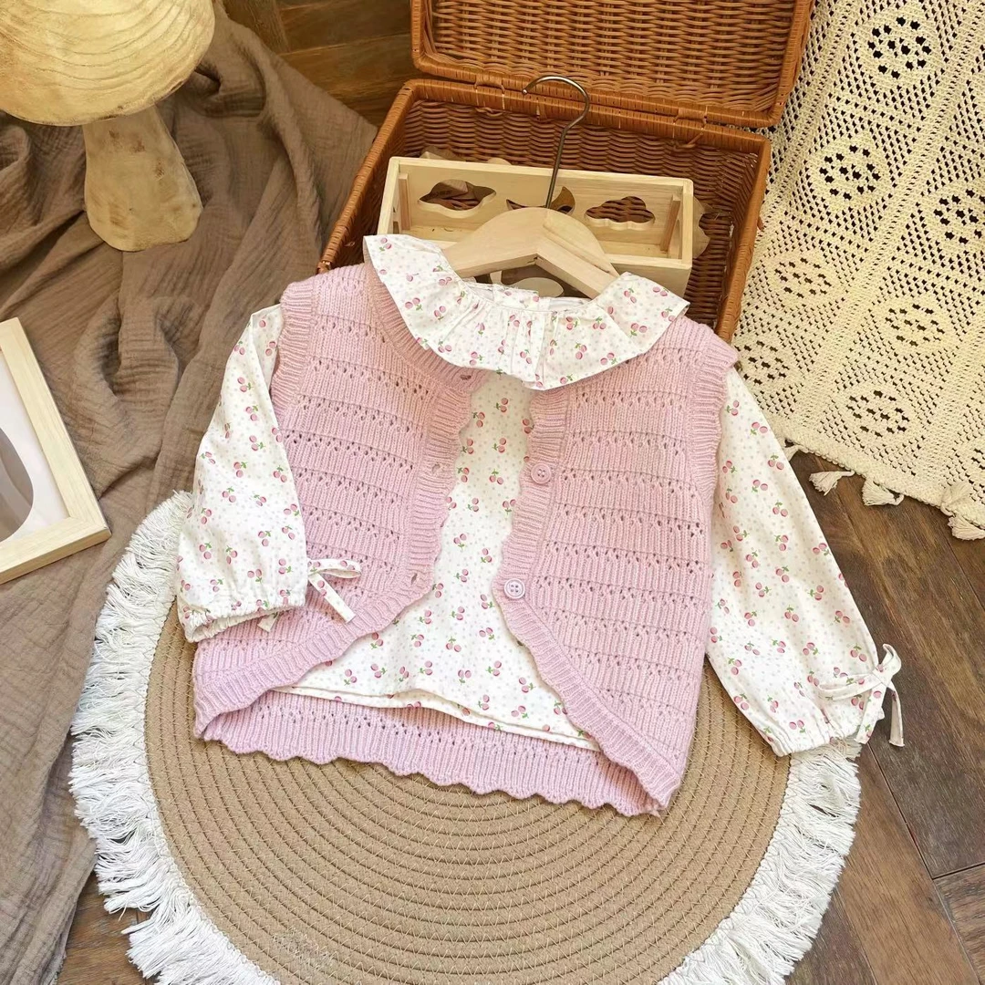 【Puff bear】春季新款儿童套装女童碎花衬衫毛衣两件套CT249106