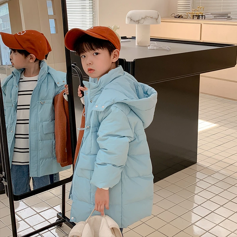 儿童冬季果色韩版中长款加厚连帽羽绒服