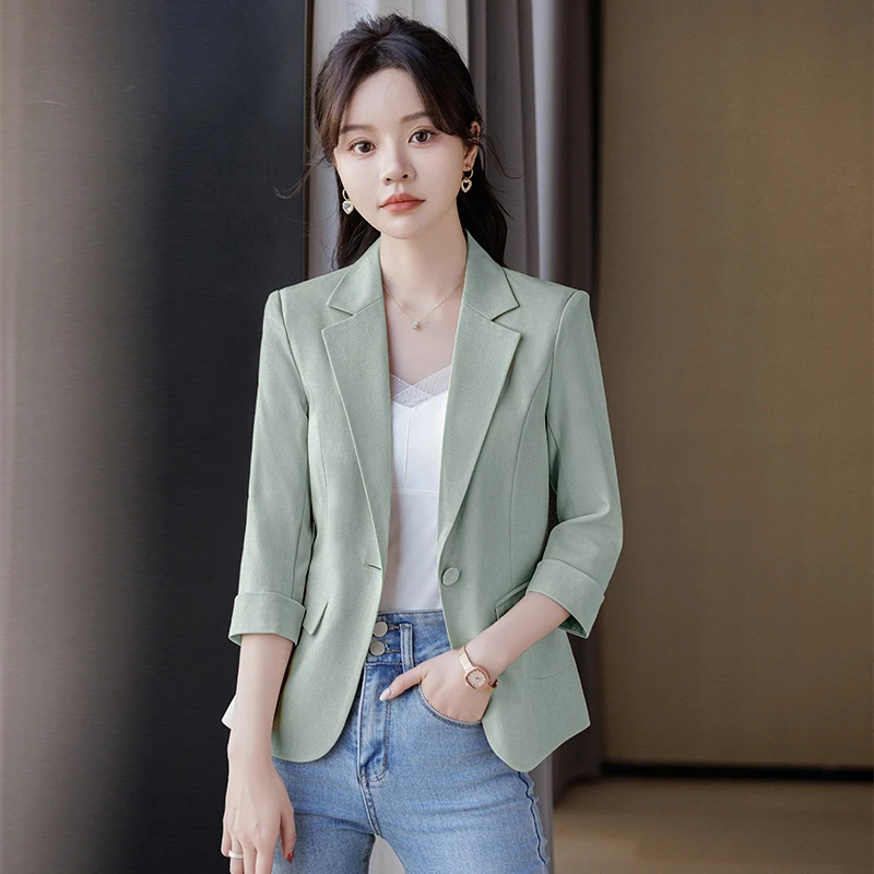 含人棉麻七分袖小西装外套女短款2025夏季新款气质小个子西服薄款