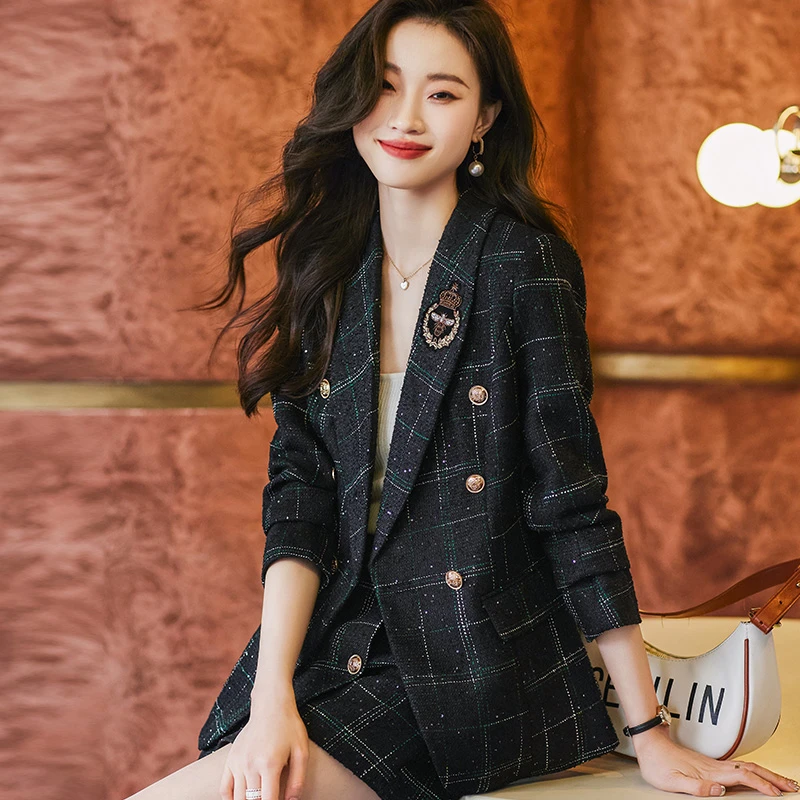 格子小西装外套女2024新款秋冬高级感英伦风修身气质西服短裤套装