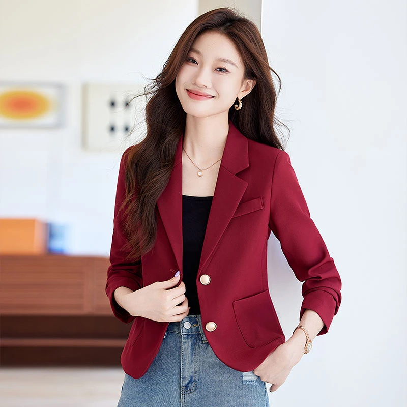 酒红色短款西装外套女小个子2025春秋新款高级感加棉加厚休闲西服